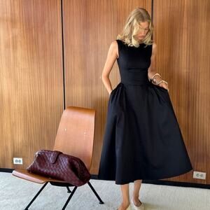 Helsa Stretch Cotton Sateen Midi Dress Black Size Large